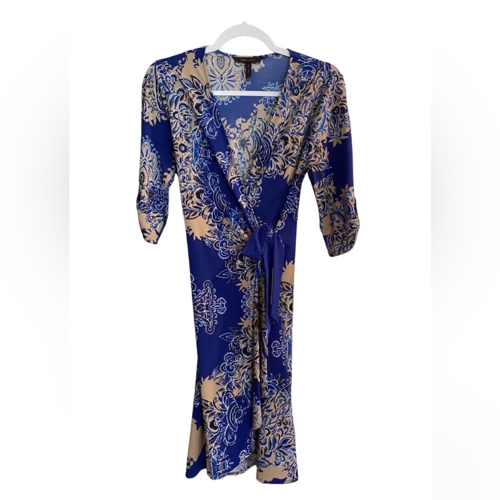 BCBG three fourth sleeve printed wrap dress